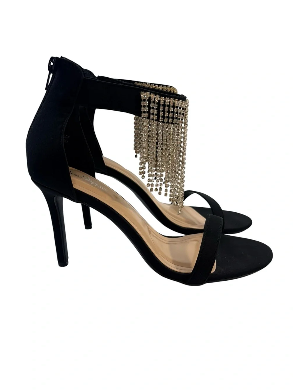 Silver Slipper Fiona Black Rhinestone Fringe Heels Size 8.5M Dress Sandals NIB